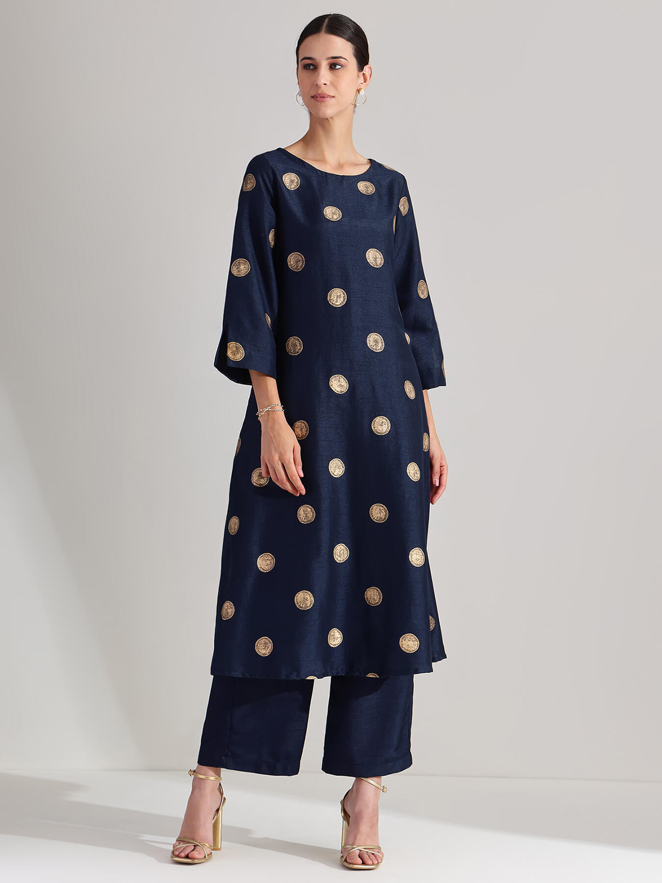 Silk Blend Polka A-line Kurta Set - Navy Blue & Gold