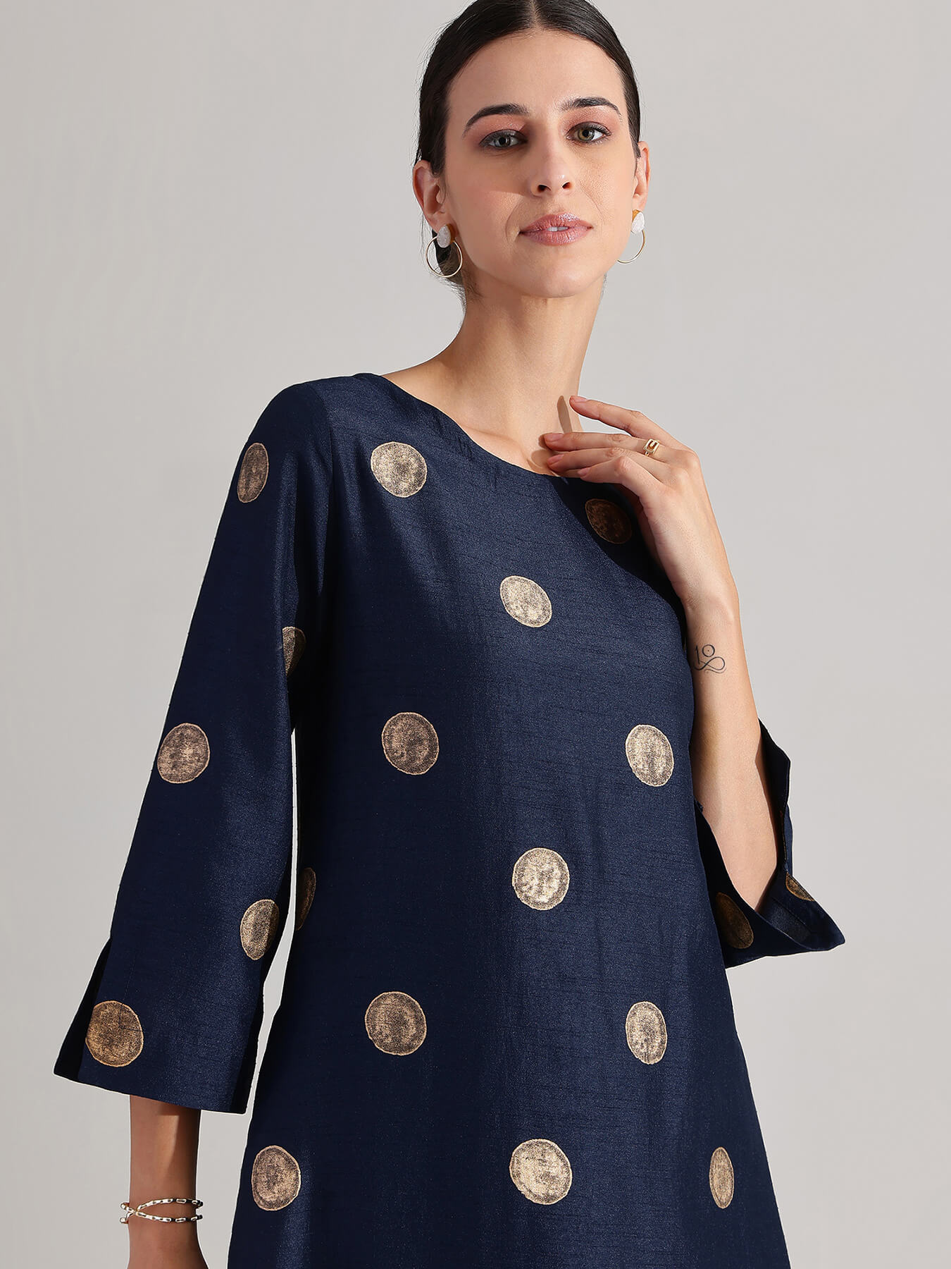 Silk Blend Polka A-line Kurta Set - Navy Blue & Gold