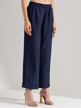 Silk Blend Polka A-line Kurta Set - Navy Blue & Gold