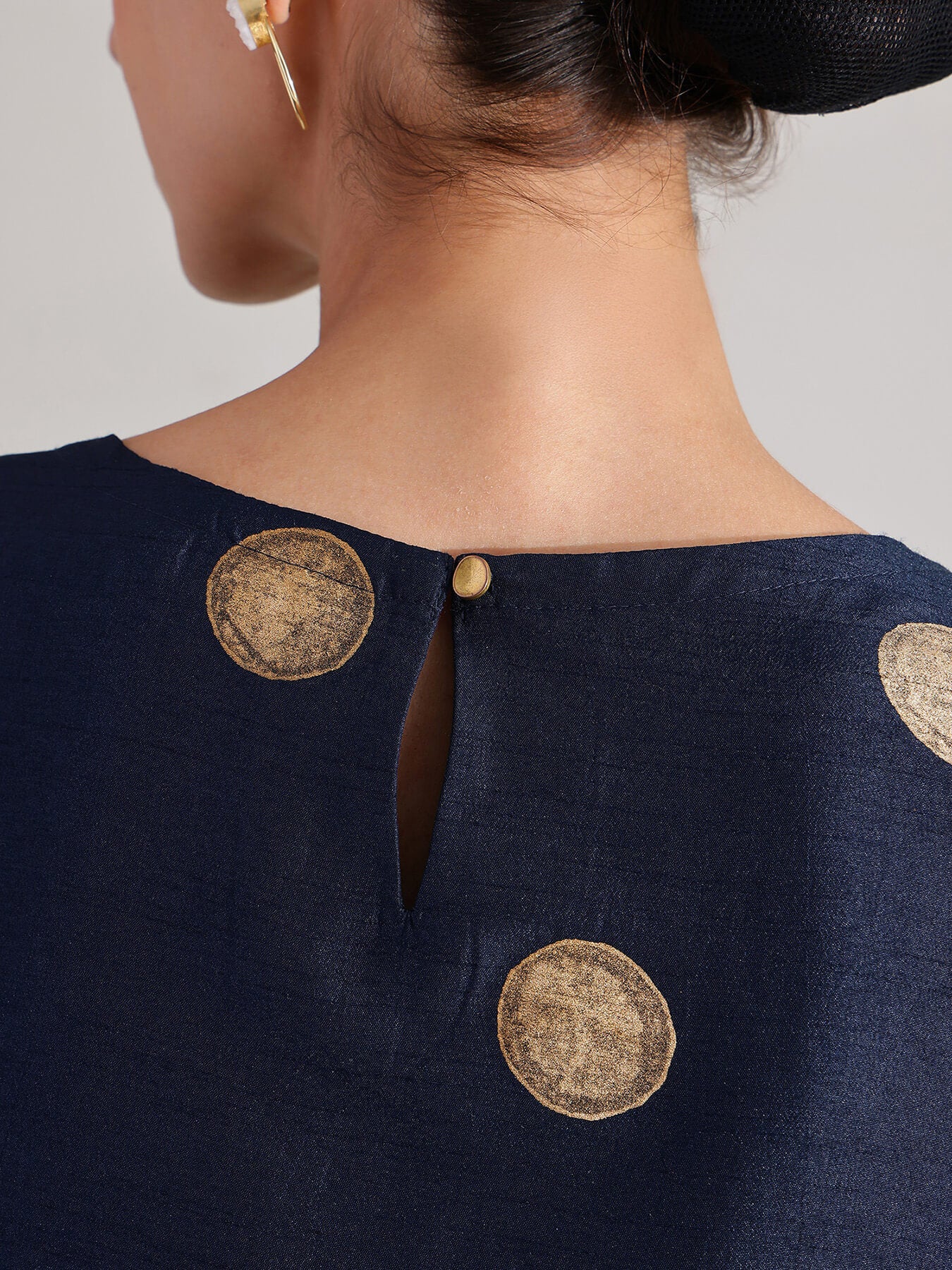 Silk Blend Polka A-line Kurta Set - Navy Blue & Gold