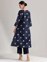 Silk Blend Polka A-line Kurta Set - Navy Blue & Gold