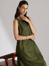 Silk Blend Abstract Print Kurta Set - Olive