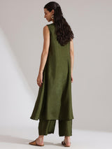 Silk Blend Abstract Print Kurta Set - Olive