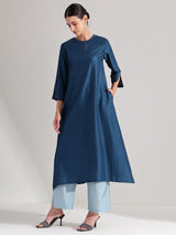 Silk Blend Solid A-Line Kurta Set - Teal