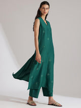 Silk Blend Mirror Work Sleeveless Kurta Set - Teal