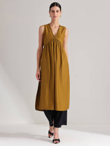 Silk Blend Solid Sleeveless Kurta Set - Mustard & Black