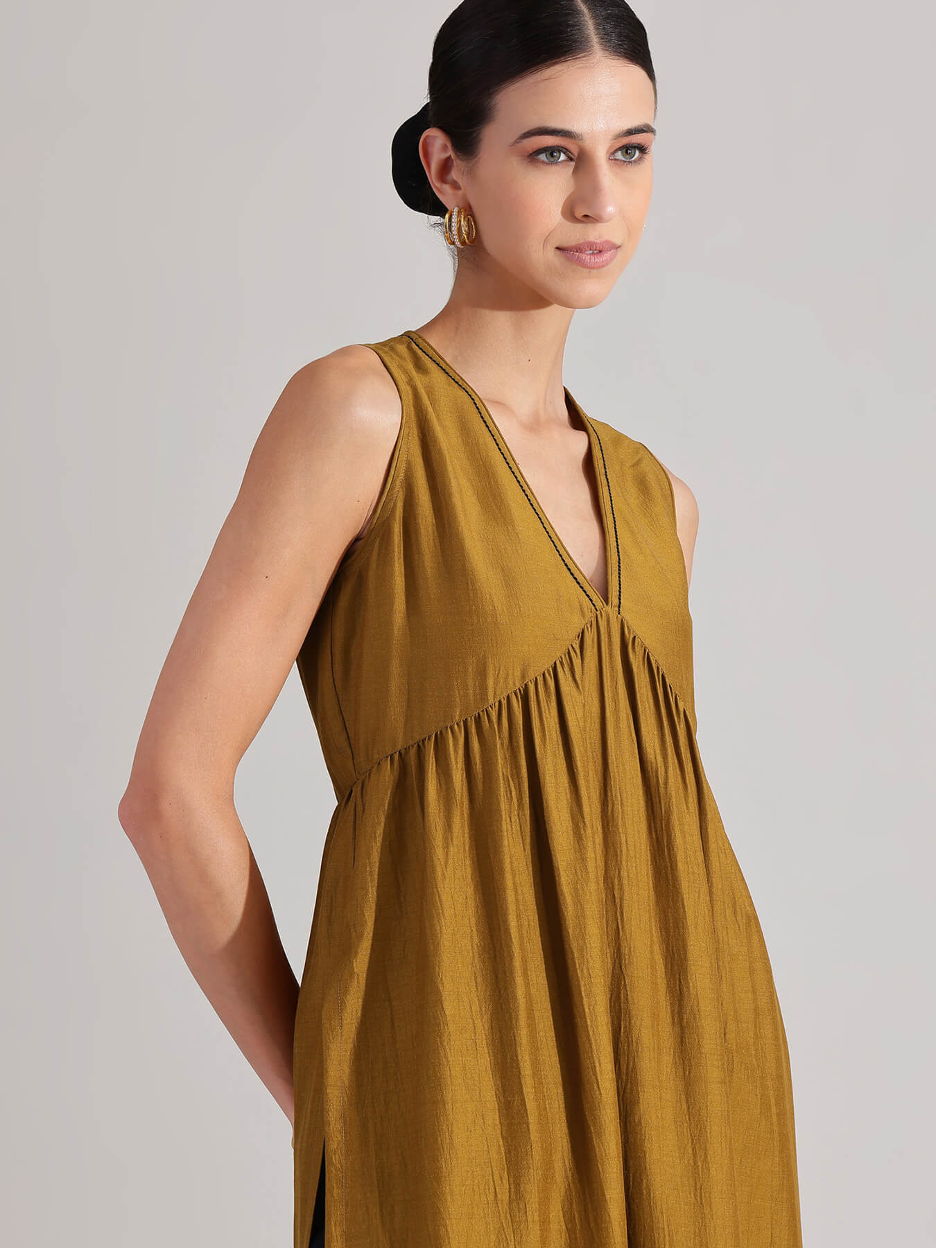 Silk Blend Solid Sleeveless Kurta Set - Mustard & Black