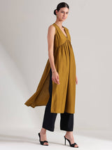 Silk Blend Solid Sleeveless Kurta Set - Mustard & Black