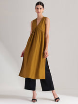 Silk Blend Solid Sleeveless Kurta Set - Mustard & Black