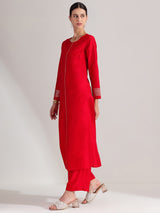 Viscose Solid A-line Kurta Set - Red