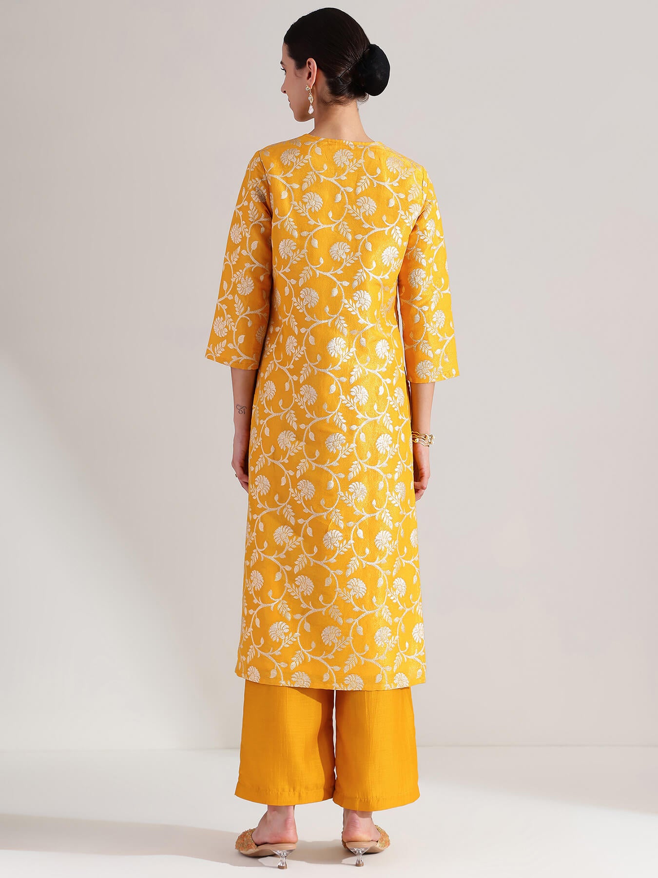 Brocade Floral Kurta Set - Yellow & Gold