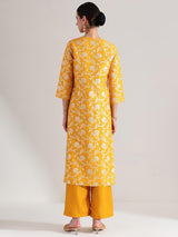 Brocade Floral Kurta Set - Yellow & Gold