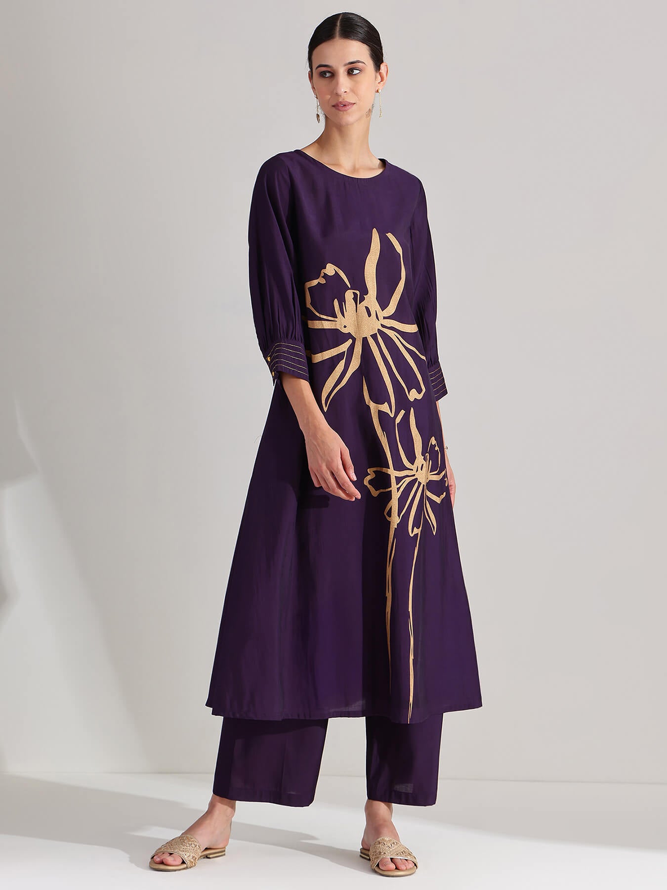 Silk Blend Floral Kurta Set - Purple
