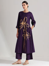 Silk Blend Floral Kurta Set - Purple