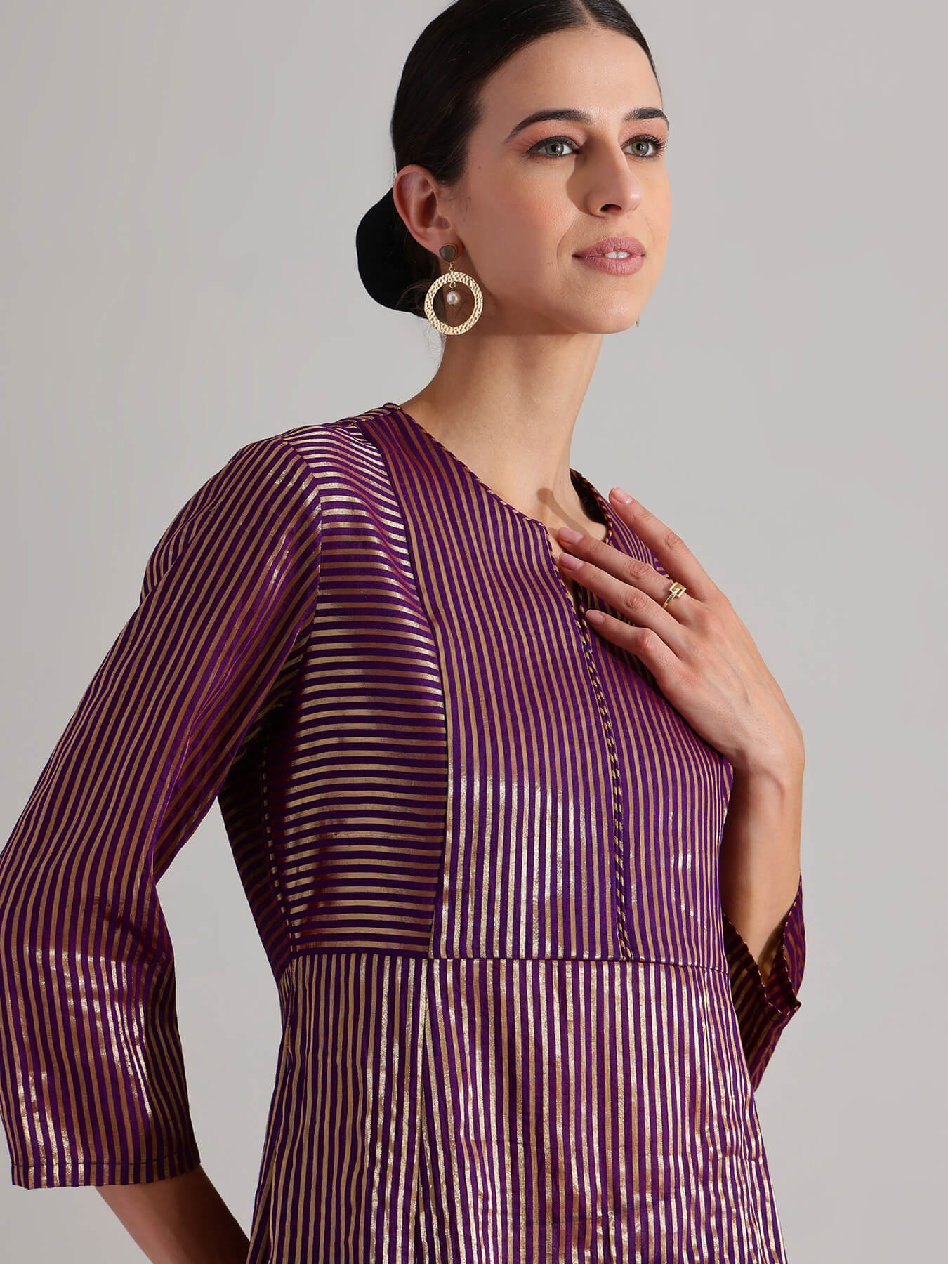 Viscose Striped Kurta Set - Purple & Gold