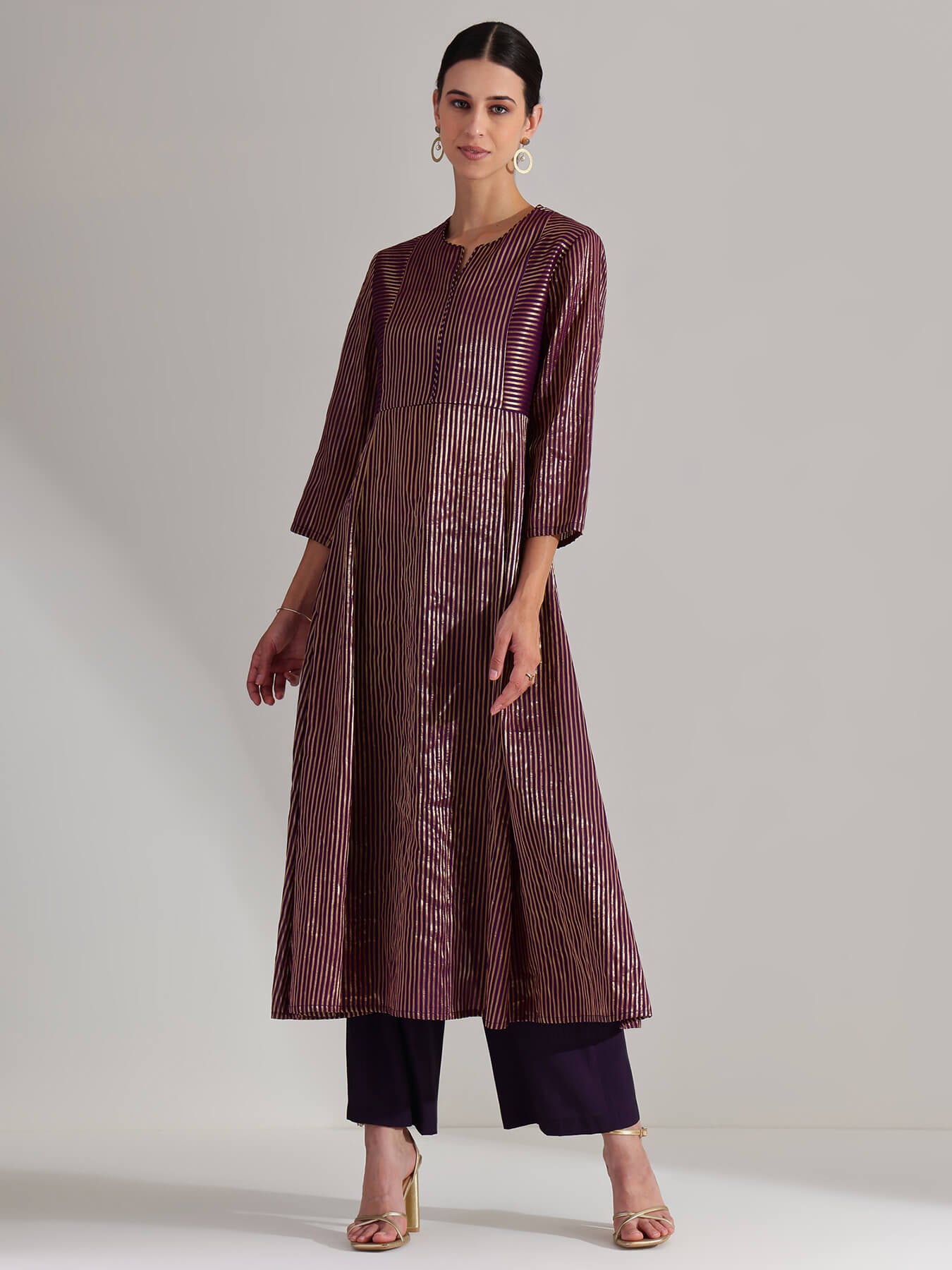 Viscose Striped Kurta Set - Purple & Gold