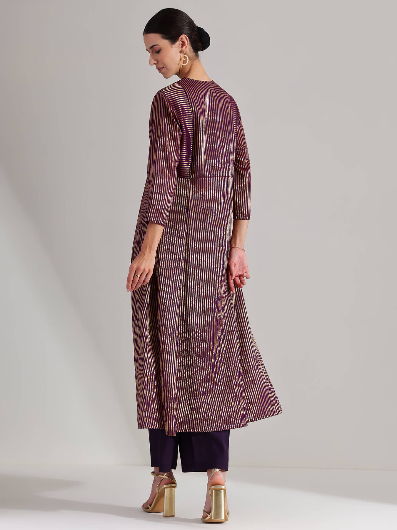 Viscose Striped Kurta Set - Purple & Gold