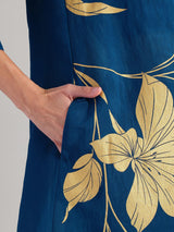 Silk Floral Statement Print Kurta Set - Teal & Gold