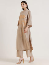 Silk Floral Statement Print Kurta Set - Beige & Gold
