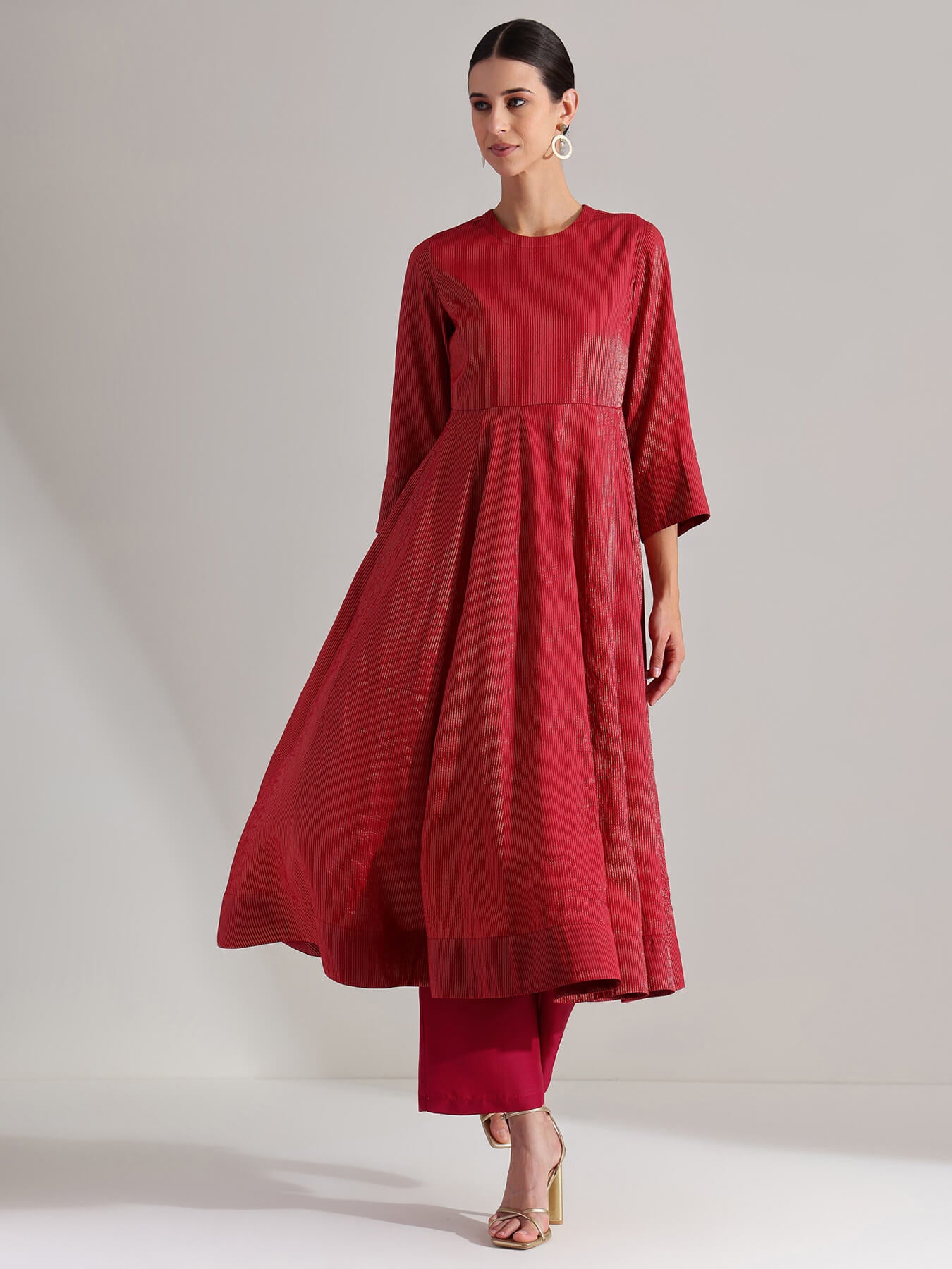 Chanderi Brocade Anarkali Kurta Set - Red & Gold