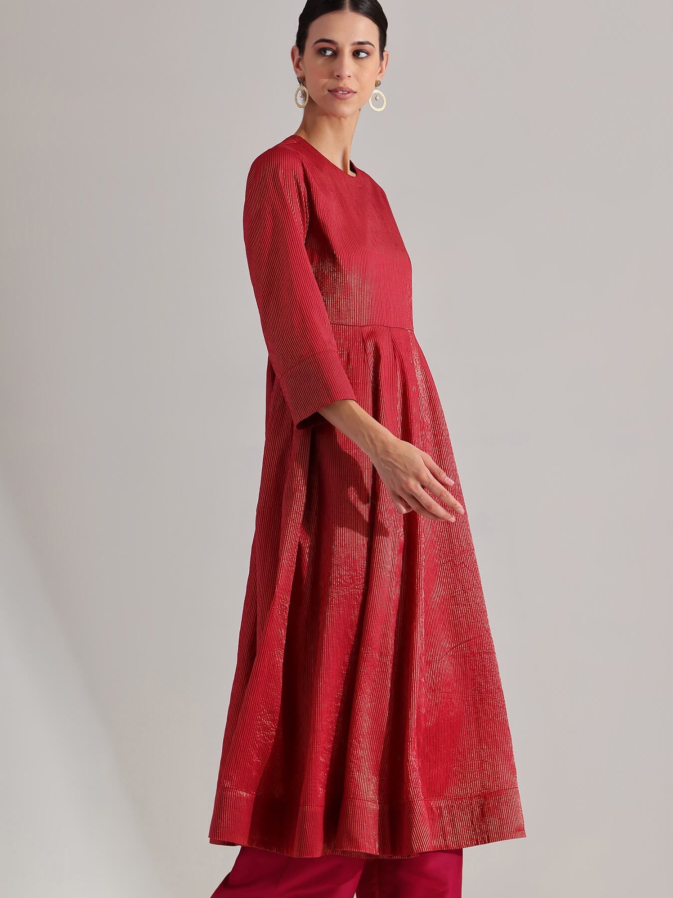 Chanderi Brocade Anarkali Kurta Set - Red & Gold