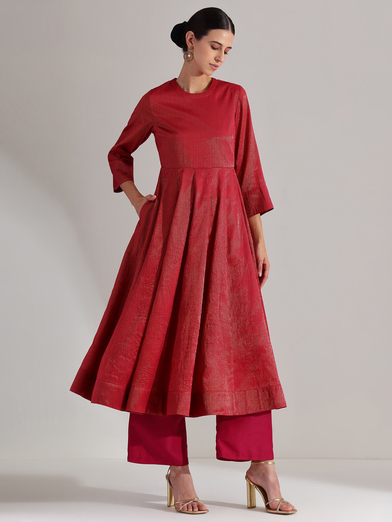 Chanderi Brocade Anarkali Kurta Set - Red & Gold