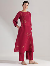 Silk Floral Print Kurta Set - Maroon & Gold