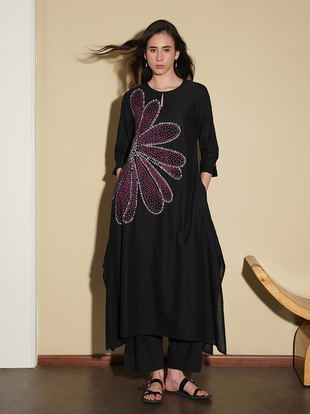 Cotton Bandhani Floral A-Line Kurta Set - Black