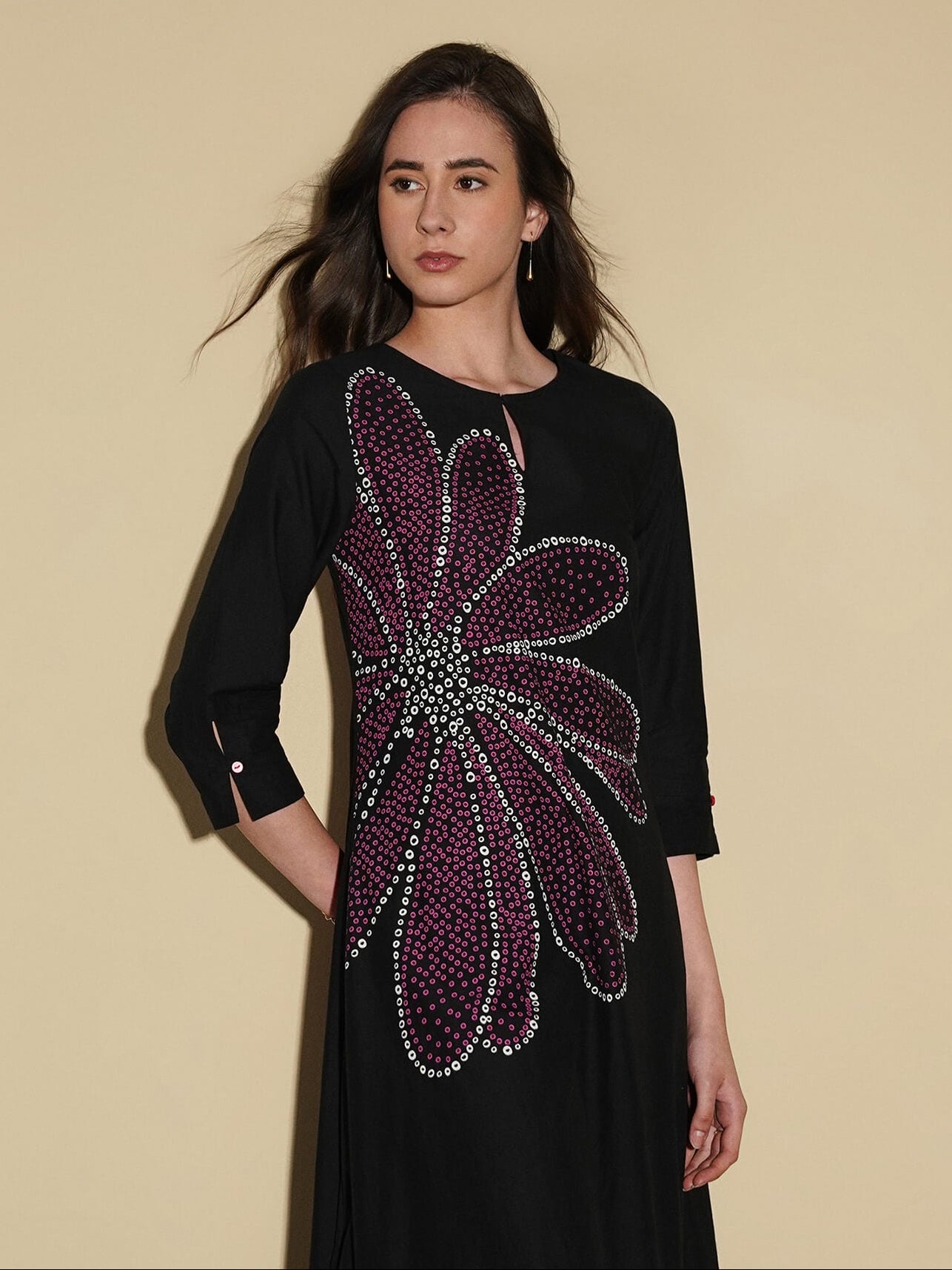 Cotton Bandhani Floral A-Line Kurta Set - Black