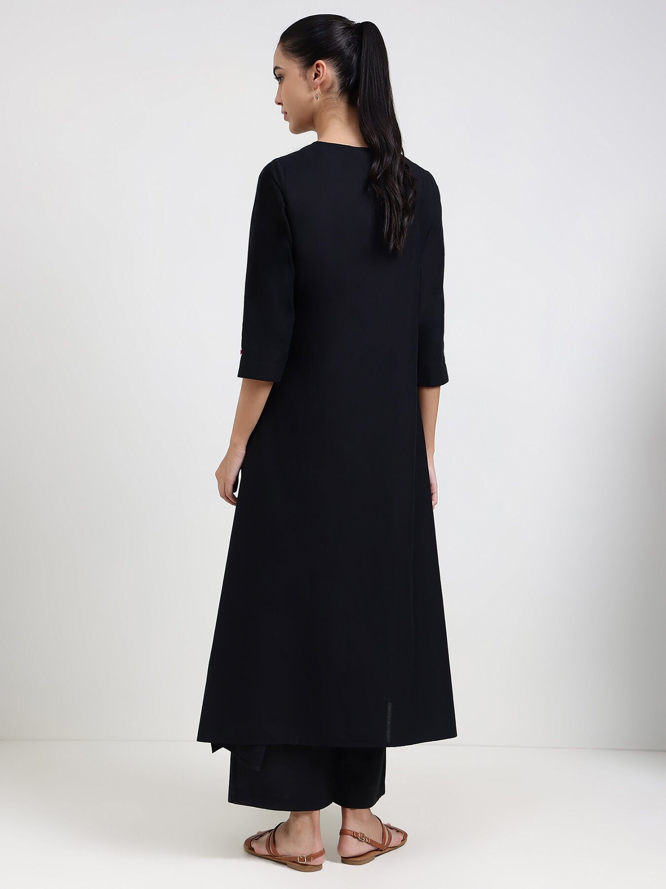 Cotton Bandhani Floral A-Line Kurta Set - Black