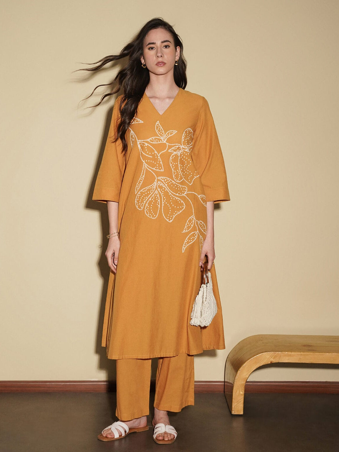 Cotton Bandhani Floral A-Line Kurta Set - Mustard