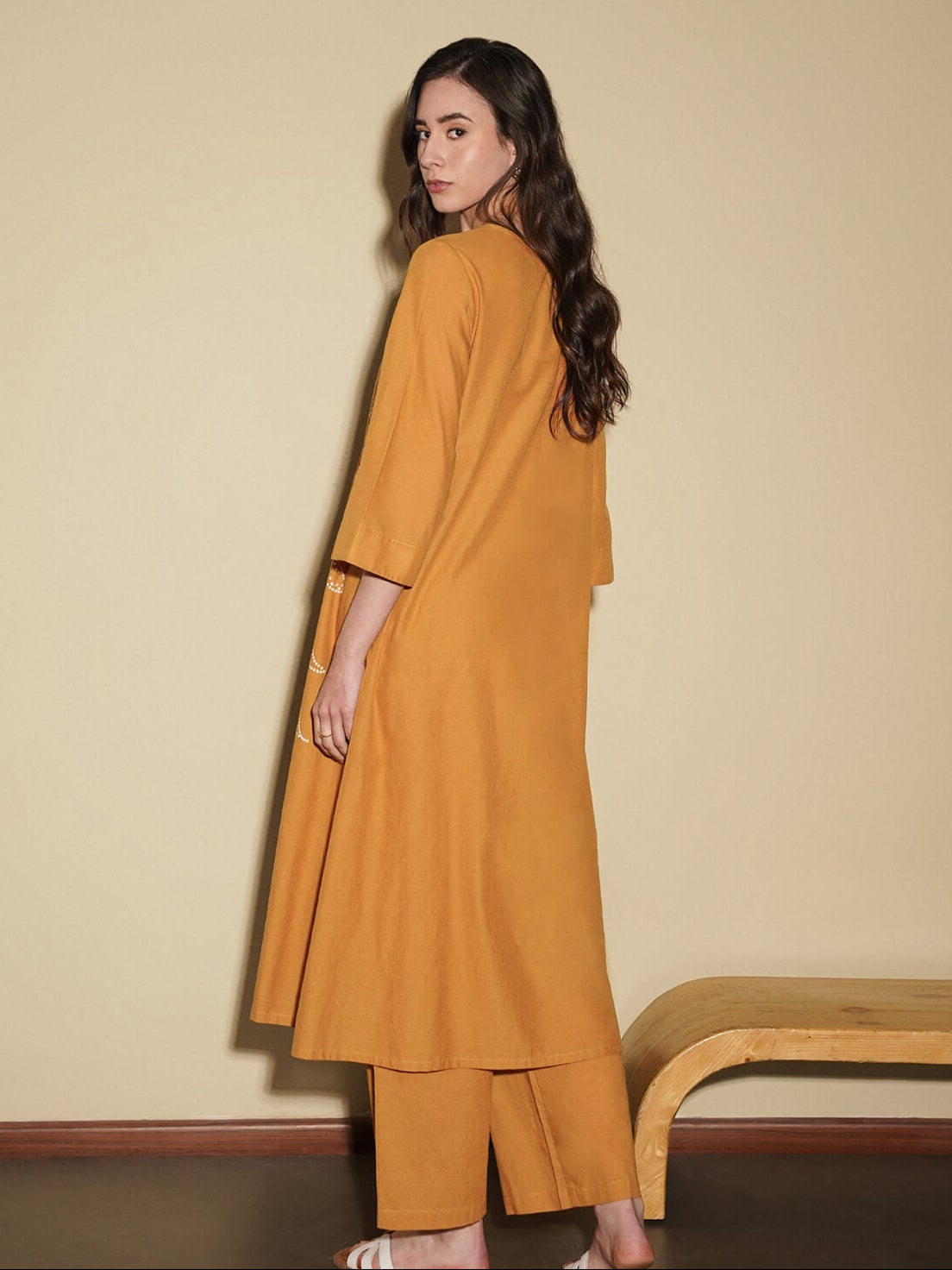 Cotton Bandhani Floral A-Line Kurta Set - Mustard