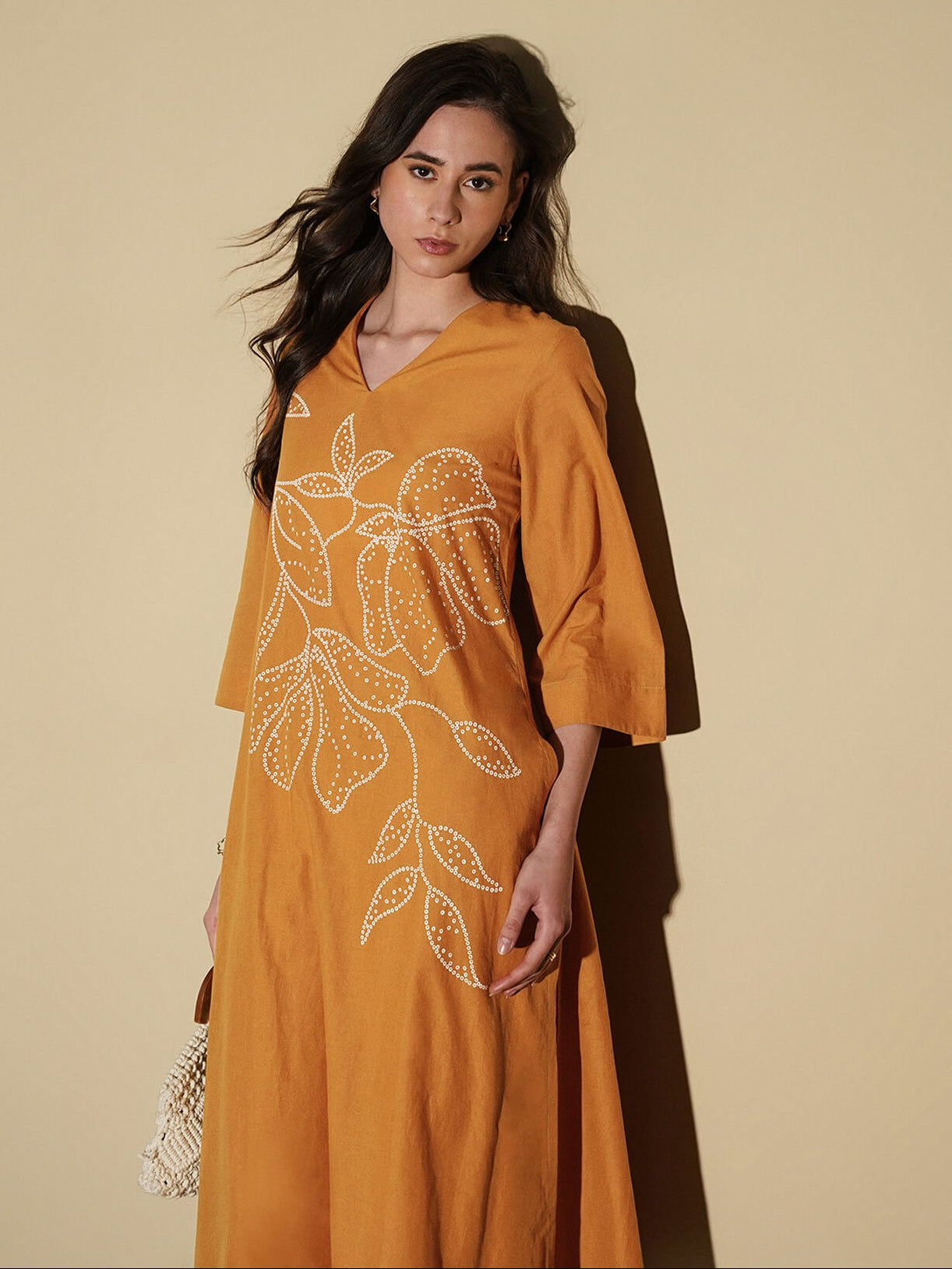 Cotton Bandhani Floral A-Line Kurta Set - Mustard