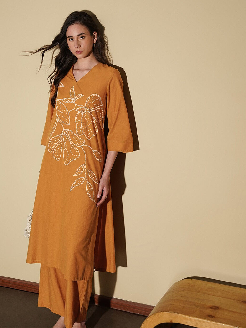 Cotton Bandhani Floral A-Line Kurta Set - Mustard