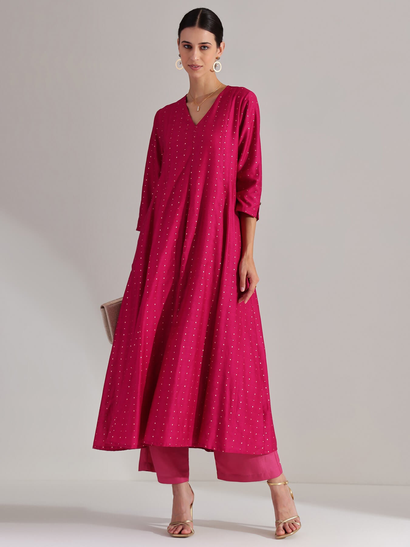 Viscose V-Neck Kurta Set - Pink