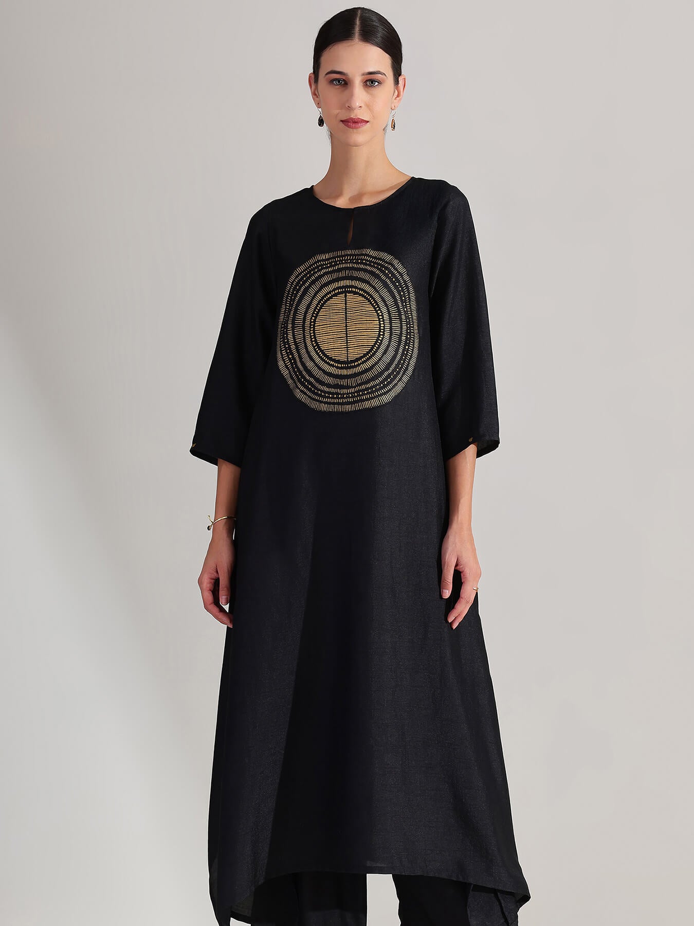 Silk Gold Statement Print Kurta Set - Black