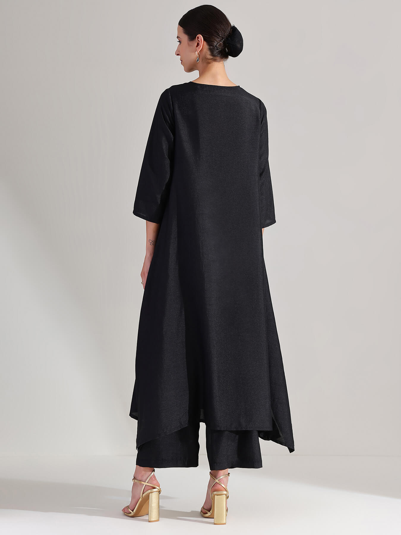 Silk Gold Statement Print Kurta Set - Black