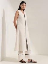 Linen Blend Colourblock A-Line Kurta Set - Off White & Black