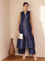 Cotton Colourblock A-Line Kurta Set - Navy Blue