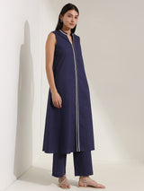 Cotton Colourblock A-Line Kurta Set - Navy Blue