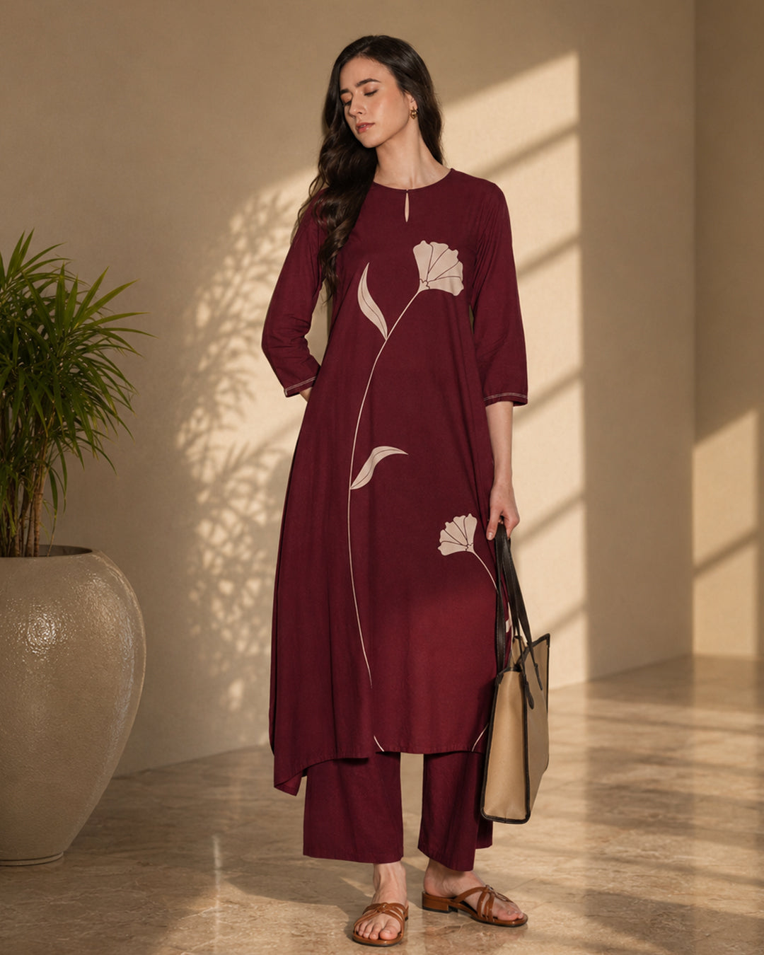 Cotton Floral A-Line Kurta Set - Maroon