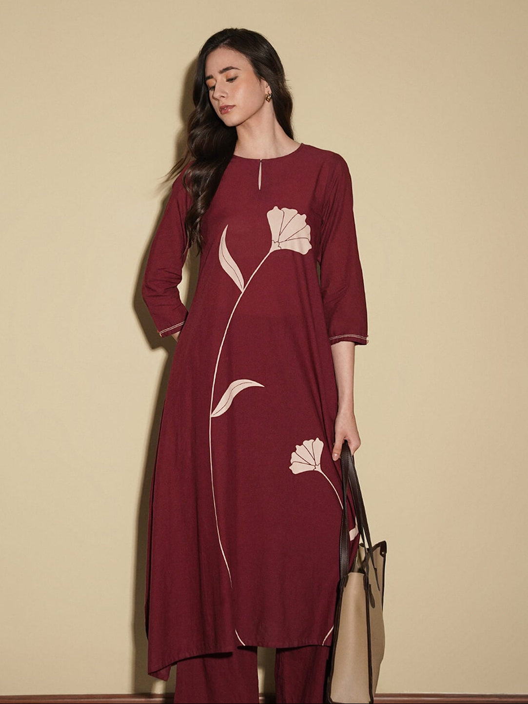 Cotton Floral A-Line Kurta Set - Maroon