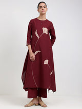 Cotton Floral A-Line Kurta Set - Maroon
