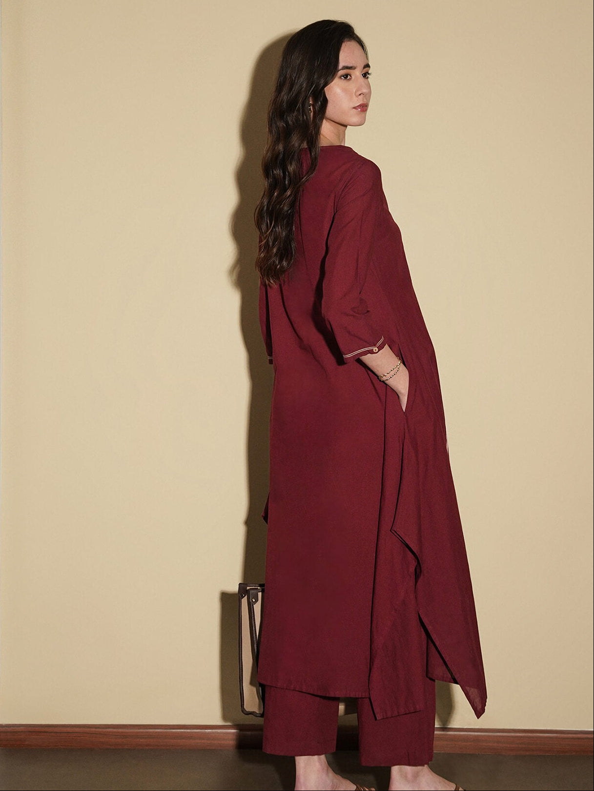 Cotton Floral A-Line Kurta Set - Maroon