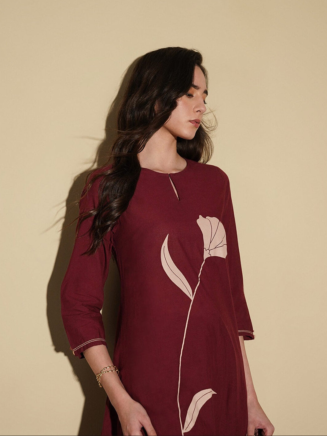 Cotton Floral A-Line Kurta Set - Maroon