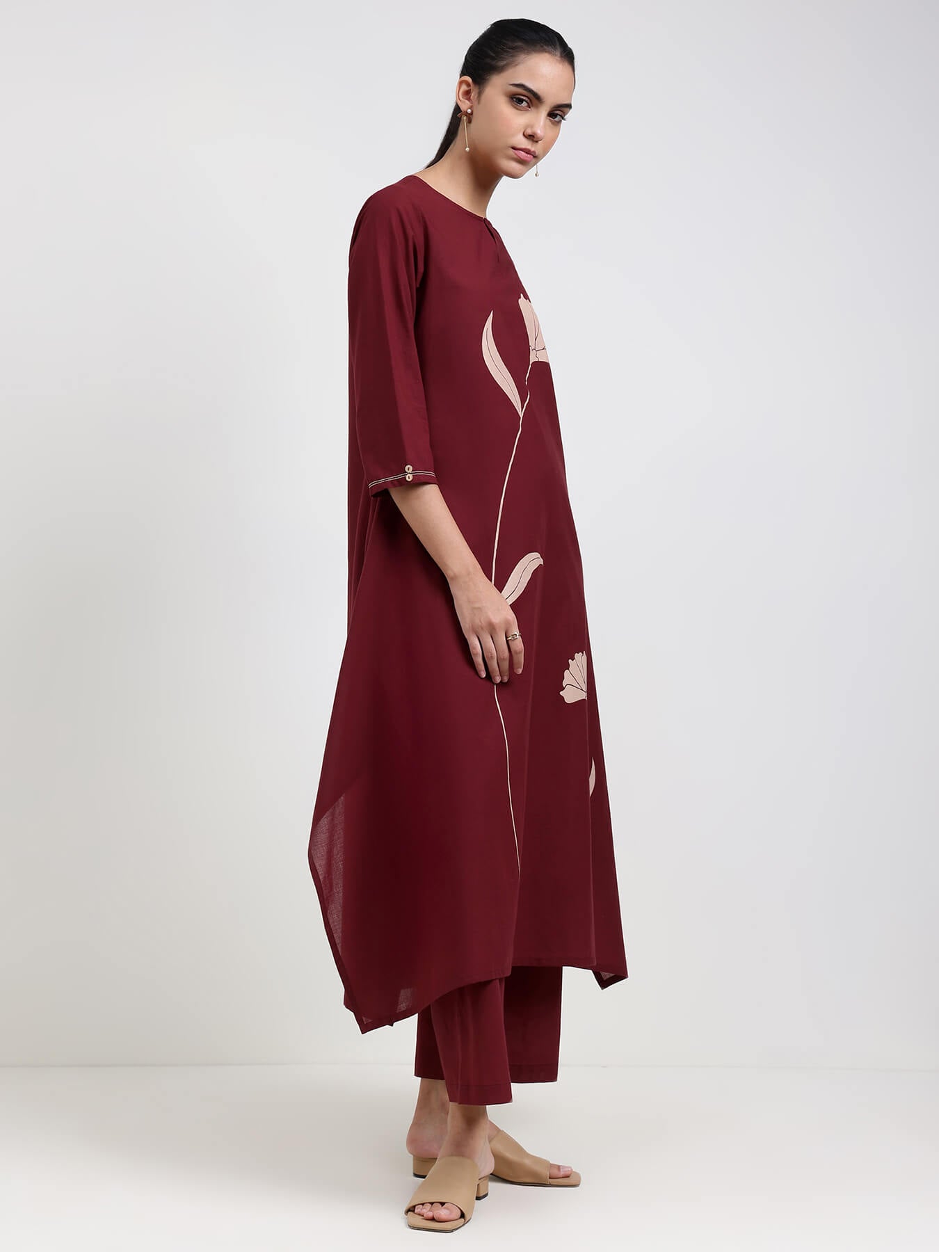 Cotton Floral A-Line Kurta Set - Maroon