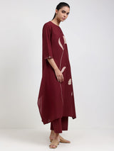 Cotton Floral A-Line Kurta Set - Maroon