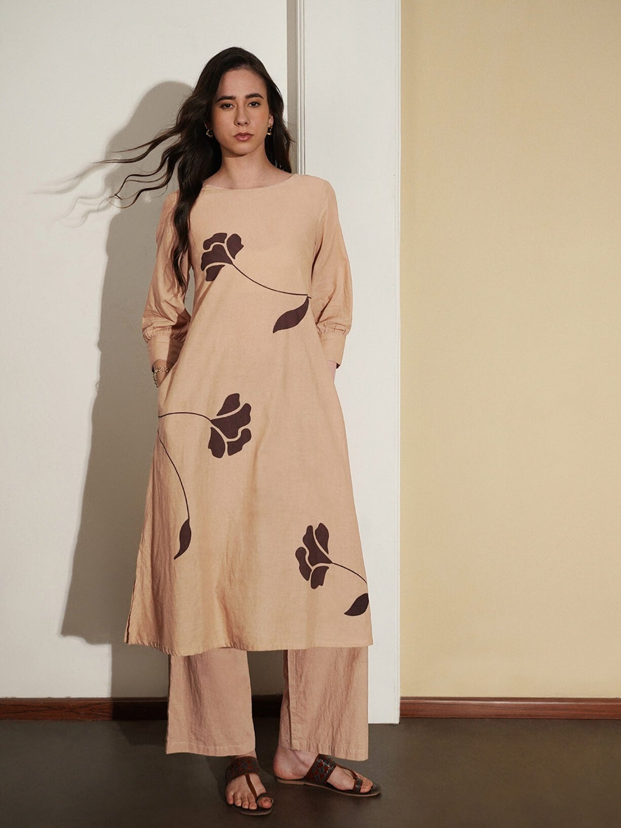 Cotton Floral A-Line Kurta Set - Beige