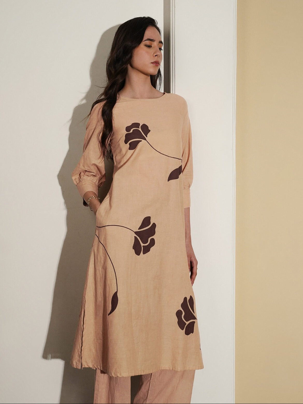 Cotton Floral A-Line Kurta Set - Beige