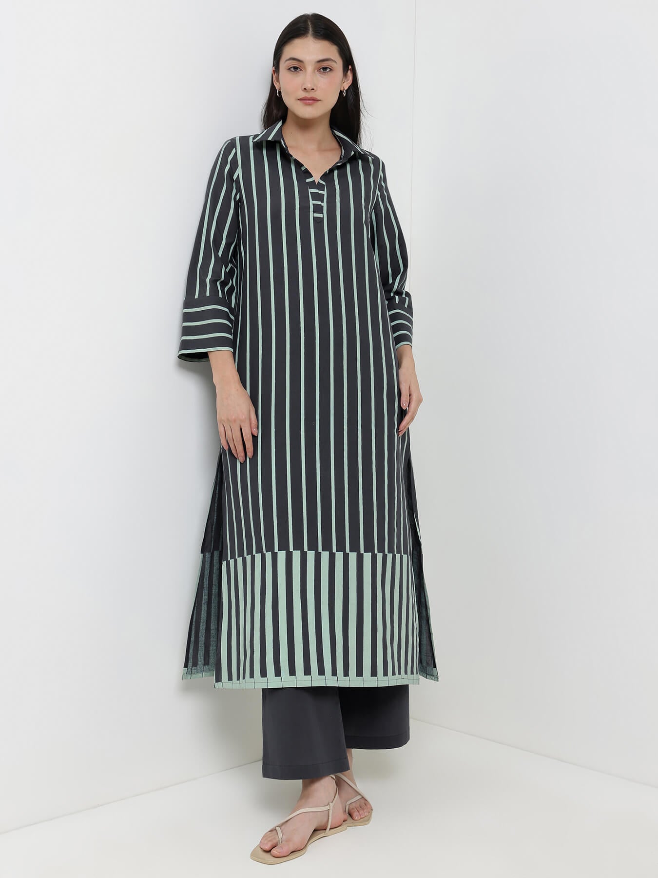 Cotton Striped A-Line Kurta Set - Grey